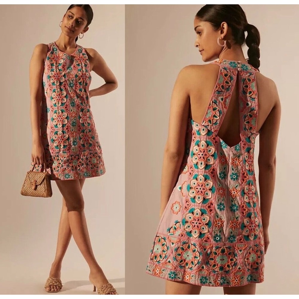 Anthropologie Floral Embroidered Appliquéd Shift Dress Women 10 Boho Sleeveless